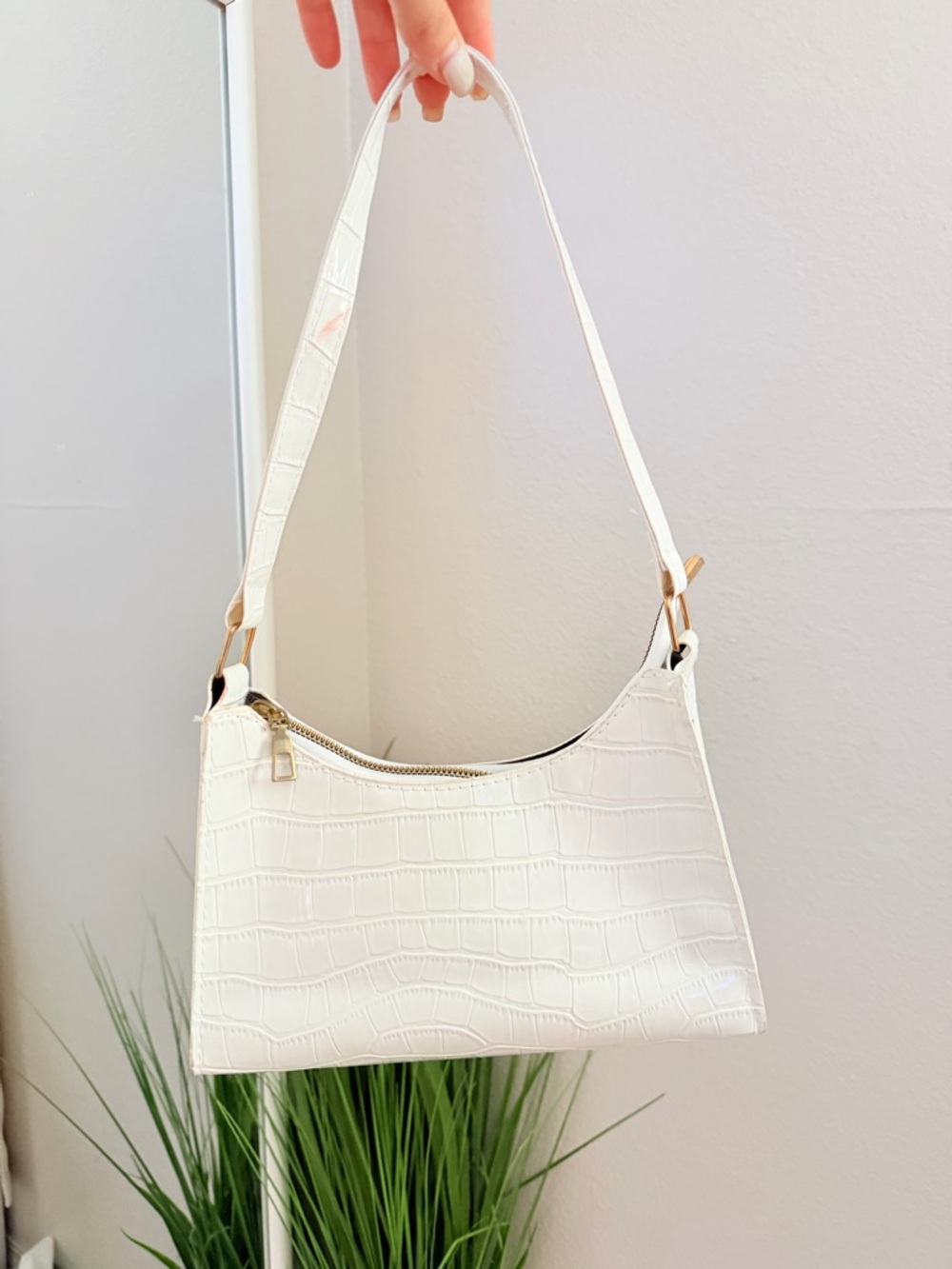 White Croc-Embossed Shoulder Bag